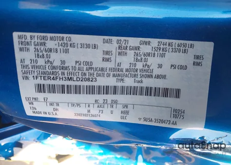 2021 Ford Ranger Lariat z USA, uszkodzony, nr VIN 1FTER4FH3MLD20823